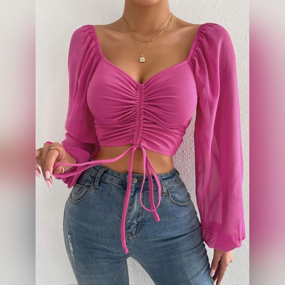 Just Jen Tops - Drawstring Sweetheart Neck Cropped Top